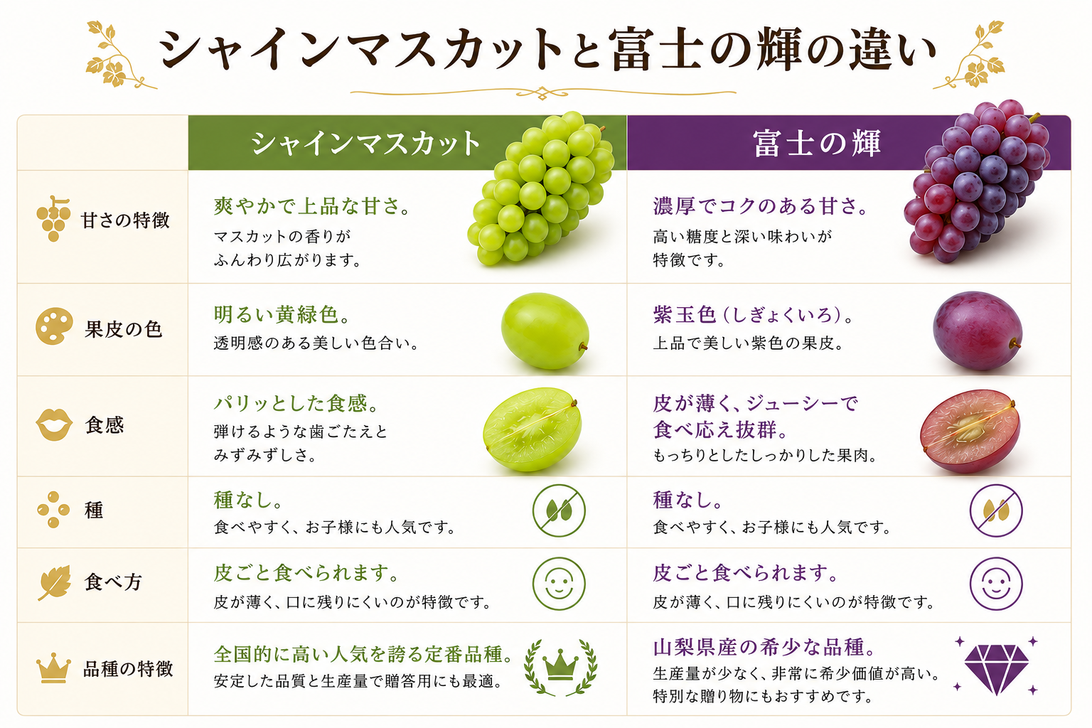 シャインマスカットと富士の輝の特徴を表にしている